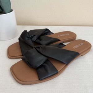 New Fitory Black Faux Leather Soft Cross Strap Slide Sandals